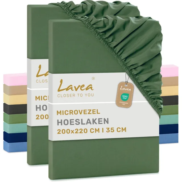 lavea Set van 2 Hoeslakens 200x220 cm – zachte en ademende microvezel – voor matrassen tot 35 cm – met elastiek rondom – oeko-tex gecertificeerd – Olijfgroen