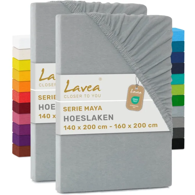 lavea Set van 2 Hoeslakens 140x200 cm – 100% Zacht en Ademend Katoen – voor Dikke Matrassen tot 20 cm – Jersey met Elastiek rondom – Zilver
