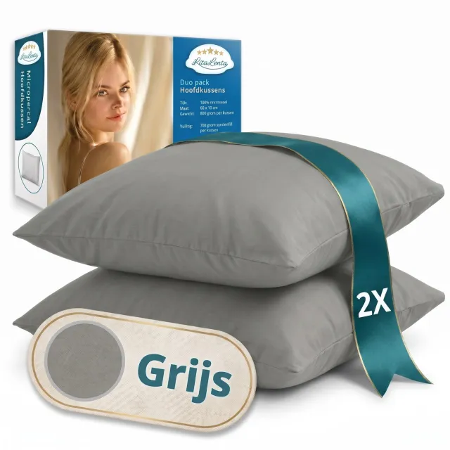 Litalente Hoofdkussen Set van 2 – 60x70 cm – Katoenen Tijk – Afneembare Hoes – Grijs