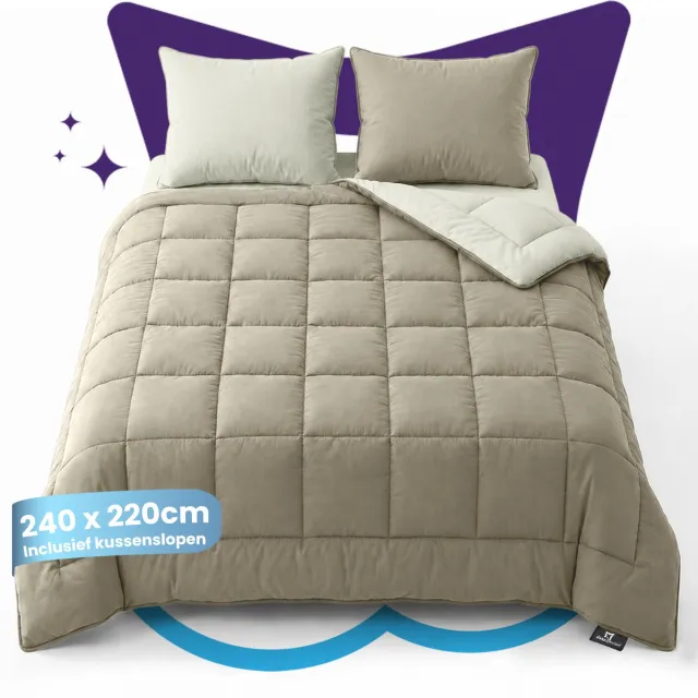 Slaapspeciaal Eazydekbed Supersoft Ivoor/Taupe - Wasbaar Dekbed - Dekbed zonder Overtrek - Hoesloos Dekbed - All Year Dekbed - 2 in 1 Dekbed - Incl. 2 Kussenslopen - 240x220 cm