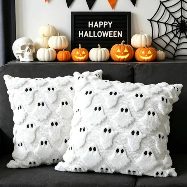 KZQ Halloween Kussenslopen - Kussenhoes - 2 Stuks - 45x45 cm - Spook Design - Sierkussensloop - Polyester Vulling - Zonder Binnenkussen - Voor Bank & Slaapkamer - Wit