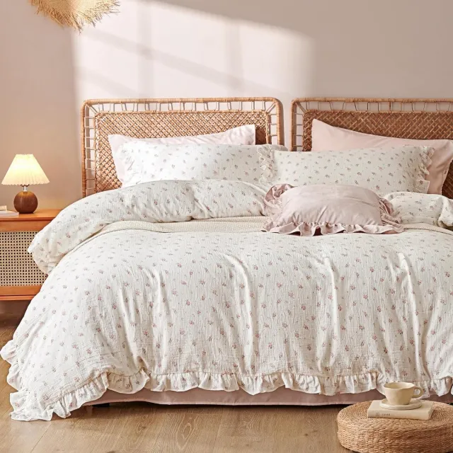 Unyqoos Luxueus katoenen mousseline beddengoed met romantische ruches in roze en wit