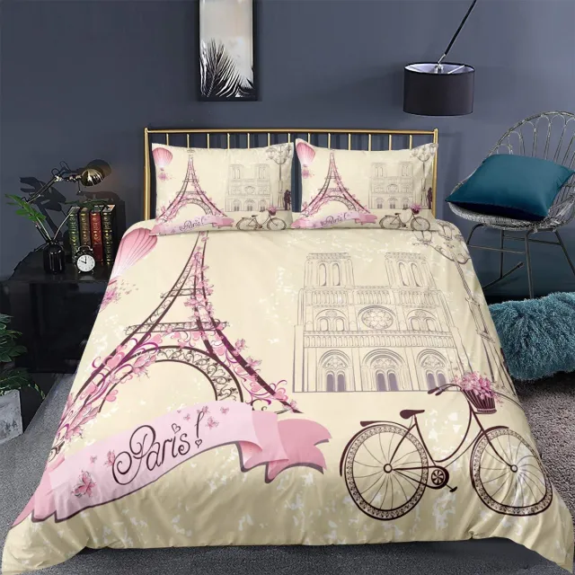 Famanu Beddengoedset voor meisjes en tieners, eenpersoonsbed met Eiffeltoren thema, dekbedovertrek en sprei in roze bloemen, ultrazacht met rits, set van 2