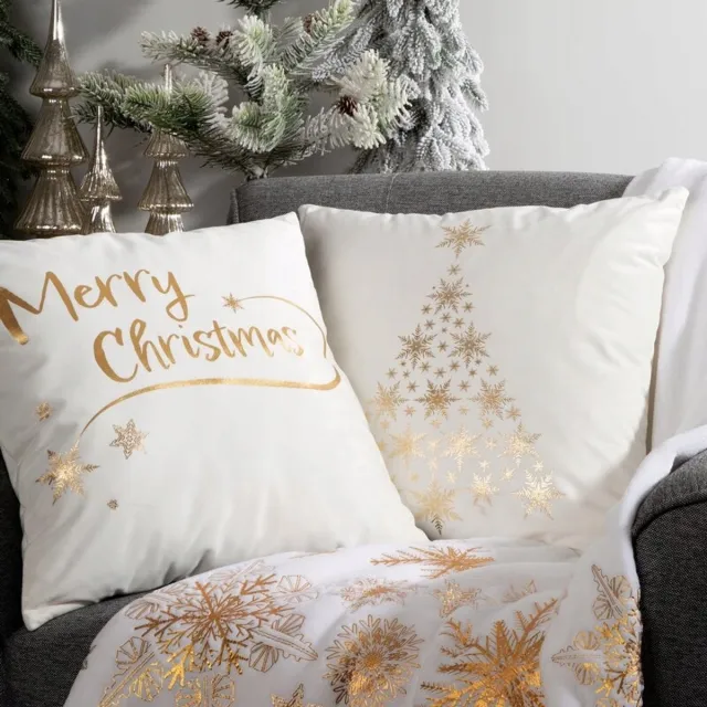 Eurofirany Kerst Kussenhoes 45x45cm Velours Ecru Goud Vrolijk Kerstfeest Ecru met gouden print