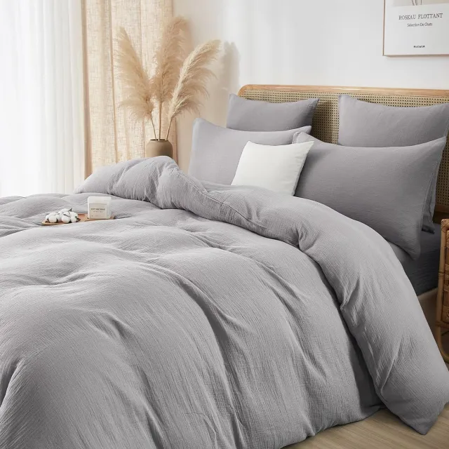 Ibenzoa Luxe katoenen dekbedovertrekset met verkoelende eigenschappen en kreuklook lichtgrijs