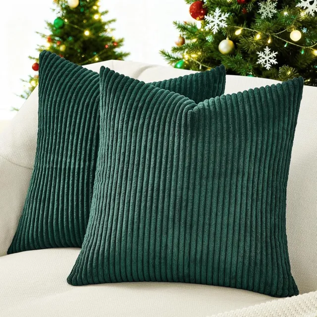 Famanu Corduroy kussenhoezen 40x40 cm donkergroen set 2, gestreept patroon, sierkussenhoezen met rits, woonkamer decor