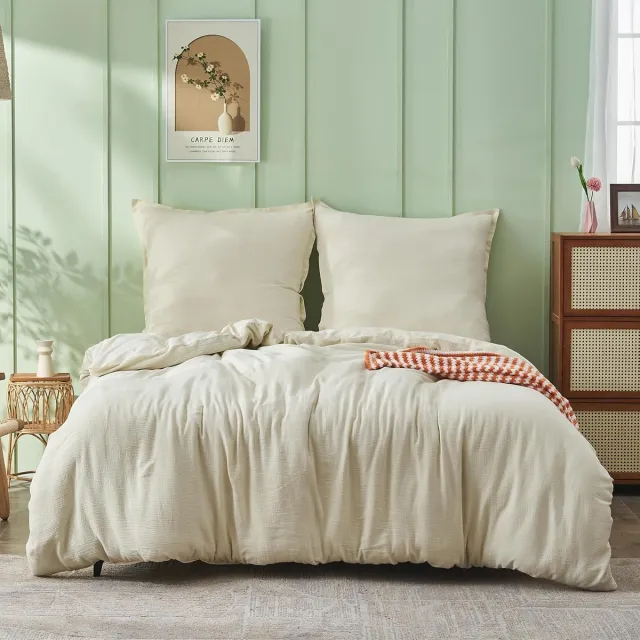 JGS Luxe Mousselin Beddengoedset 135 x 200 cm, Ademend Katoen, Beige met Ritssluiting