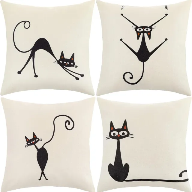 Famanu Kussenhoezen - Fluwelen Kussenslopen 4 Pack Decoratieve Kussenshoezen - Kussenslopen voor Bank Woonkamer Auto (Kat - Linnen) Cat-Linen