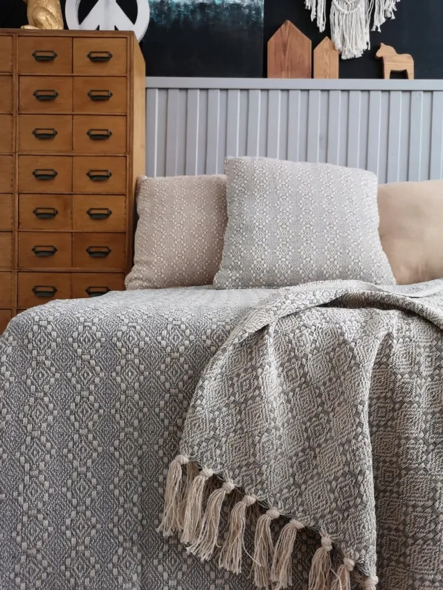 Decovena Liv Kussenhoes 40x40cm Katoen Boho Grijs Ecru met Rits Grijs, Ecru