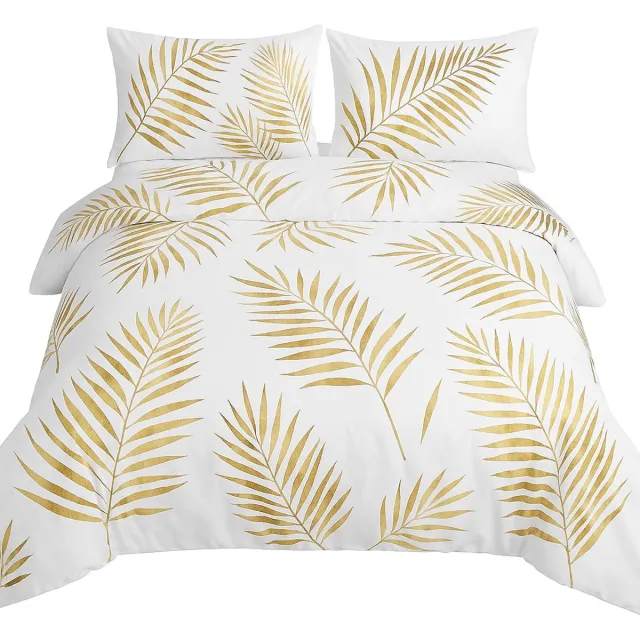 Ibenzoa ® Dekbedovertrekset - 2-delig - Goud/wit - 135 x 200 cm - Microvezel - Bladermotief - Verborgen ritssluiting