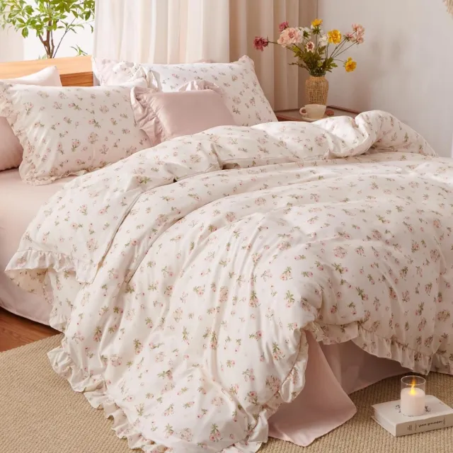 Lanqinglv Romantisch Dekbedovertrek met Roze Bloemen & Ruches – Zacht Microvezel Beddengoed – Inclusief Kussenslopen – Met Ritssluiting – Wit/Roze