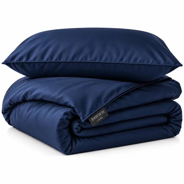 Bamskin Living Bamboo Viscose - Dekbedovertrek - Marineblauw - 100% Bamboeviscose - 300 TC - Premium Kwaliteit - Inclusief 1 Kussensloop - Ritssluiting - Luxe Verpakking Grijs