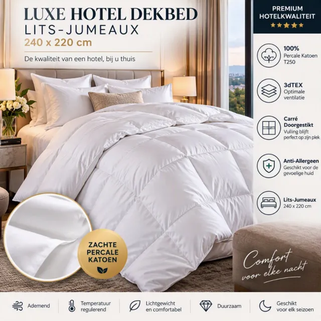 Homéé® Hotel Dekbed 240x220 cm Lits-Jumeaux - 3dTEX Vulling - 100% Percale Katoen T250 - Carré Doorgestikt - Anti-Allergeen - Hotelkwaliteit Wit