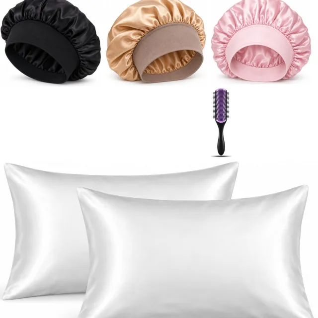 Professor Q Haar- en Slaapset - 2 Kussenslopen Wit 60 x 70 cm - Bonnet Roze - Bonnet Zwart - Bonnet Goud - Purple Black Borstel