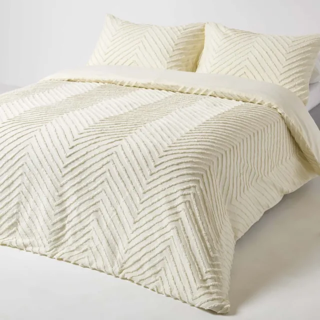Homescapes percal beddengoed 260 x 220 cm gebroken wit van 100% katoen, getuft met chevronmotief