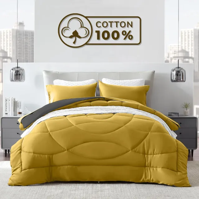 Sleep comfy Cottiva Series - All Year Dekbed zonder overtrek - Geel & Antraciet | 240x220 cm - Wasbaar hoesloos dekbed - Binnen & Buiten - 100% Katoen - Met Kussenslopen| Dekbed in Kleur - OEKO Green - Droogt Snel