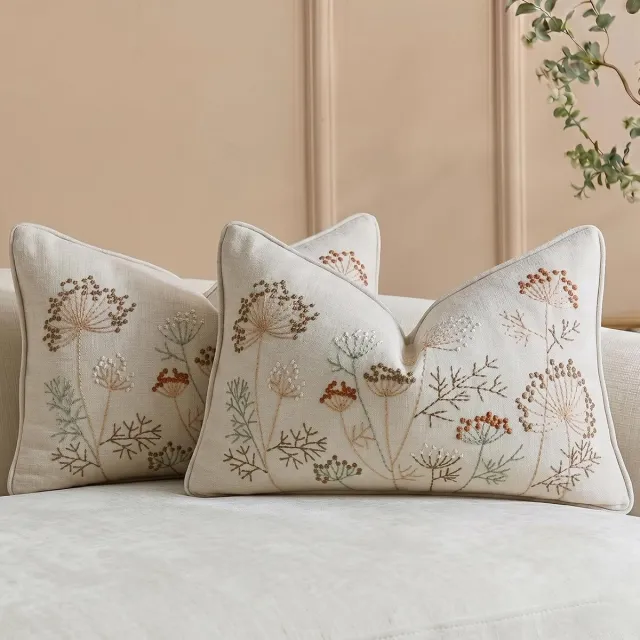SNQ 2 Stuks Geborduurde Lendenkussenslopen - 30x50 cm - Chenille met Paardenbloem Borduurwerk - Cremebeige - Voor Bank
