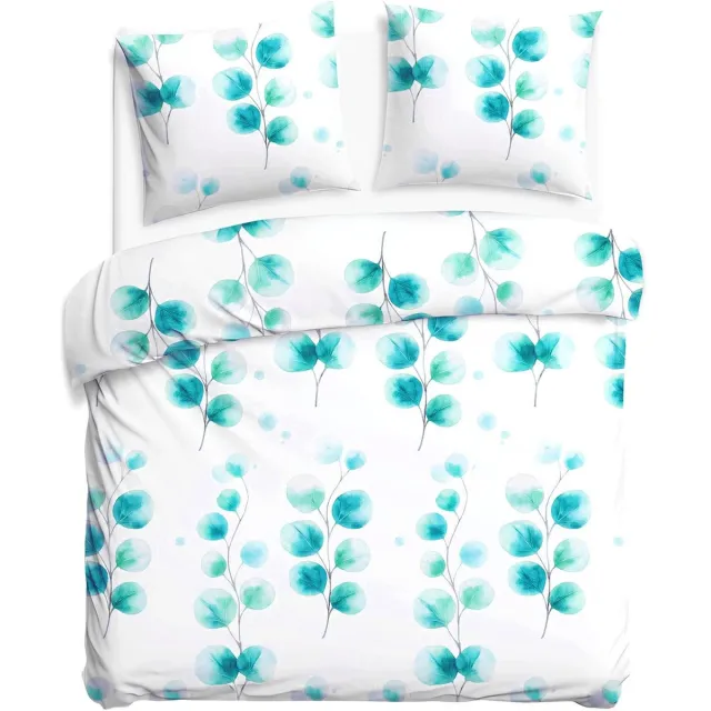 Darymex Satynlove Dekbedovertrek 220x200 cm - Wit / Turkoois - Cieniowane Bladeren - 100% Katoen-Satijn (120 g/m²) - Lits-Jumeaux - Met Ritssluiting - OEKO-TEX® - Met 2 Kussenslopen 70x80 cm Wit | Turkoois