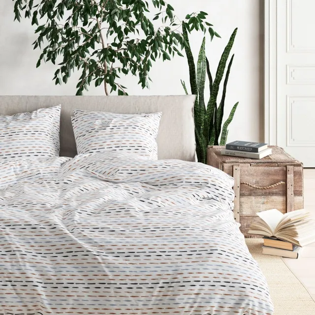 Mistral Home DEKBEDOVERTREK - recycled katoen renforcé - 200 x 200 cm + 2x 65 x 65 cm - tweepersoons - strepen - wit- Duurzaam Wit/Blauw/Bruin