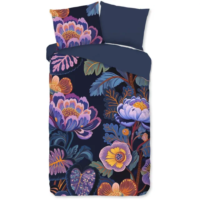 Pure dekbedovertrek bloemen - 1 persoons 140x200/220 cm - Donkerblauw - Microvezel Dark Blue