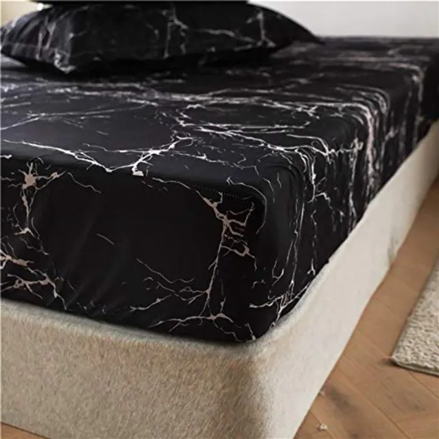 Ibenzoa Stijlvol Marmerlook Hoeslaken 140 x 200 cm voor Luxe Slaapervaring zwart