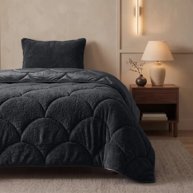 Sleeptime Teddy Velvet 2 in 1 Wasbaar Dekbed zonder Overtrek - Eenpersoons 140x200 cm - Inclusief 1 Kussensloop 60x70 cm - Zacht Teddy Velvet - Zwart