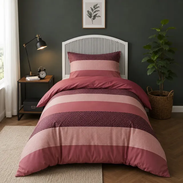 bedlin Lakenset Micropercal - 1 persoon - Bovelaken en onderlaken - 3 stuks - Raspberry Lines Framboos