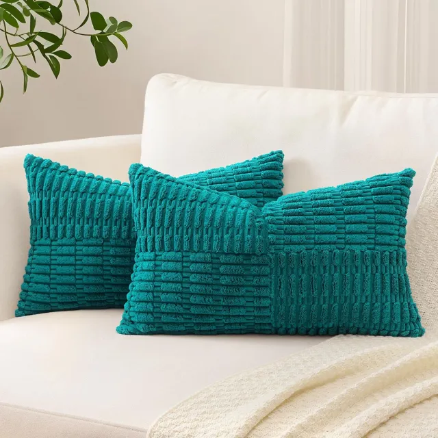 Unyqoos Set van 2 stijlvolle corduroy kussenhoezen met boho patchwork design in strepenpatroon blauwgroen