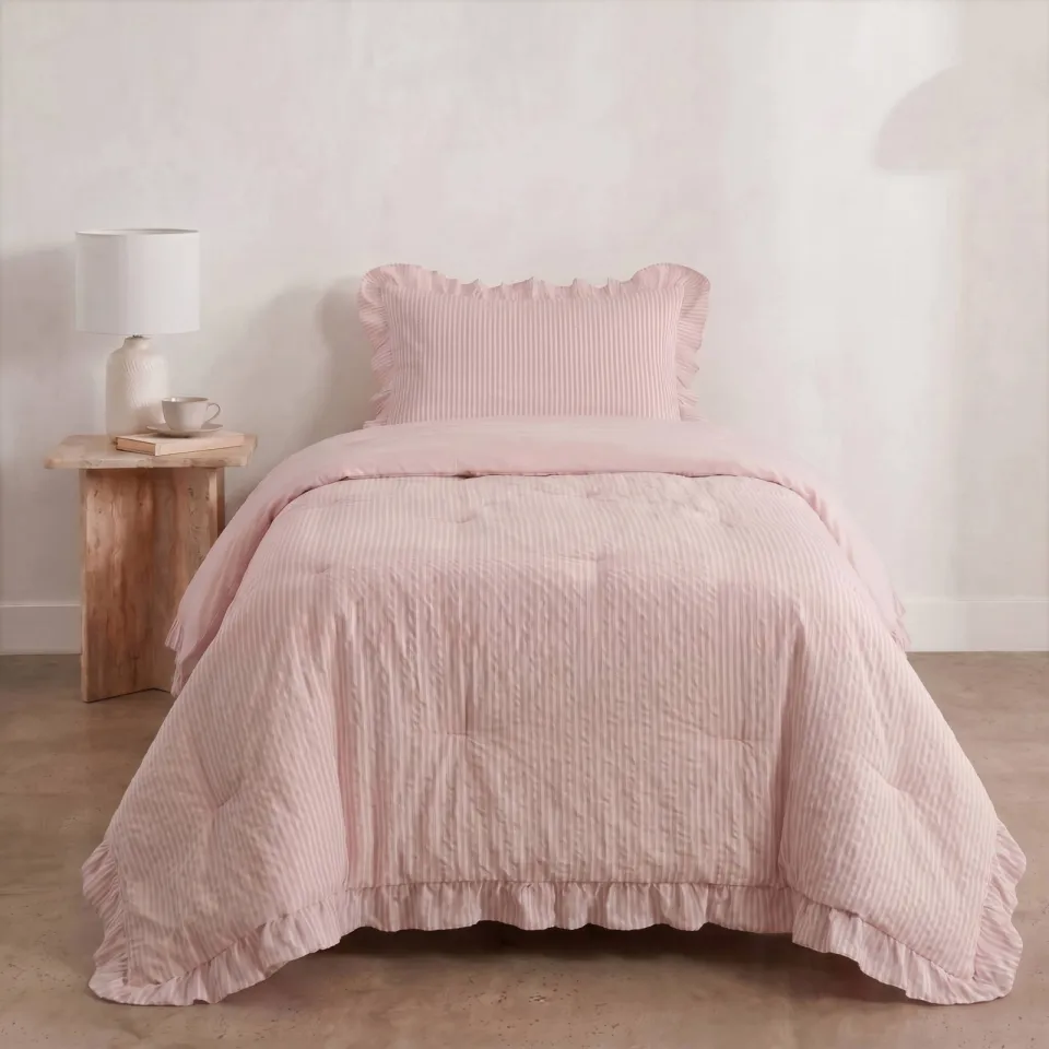W seersucker dekbed zonder overtrek met kussensloop Lazy - ruffles roze, foto 4