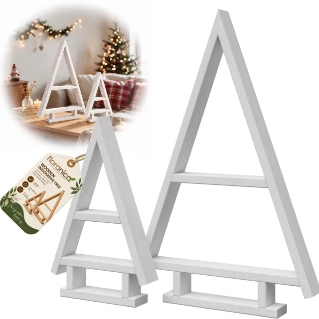 Floranica Houten Kerstboom van Grenen, 2-delig, 55 + 35 cm, Tafeldecoratie, Geïmpregneerd voor Binnen en Buiten – Wit
