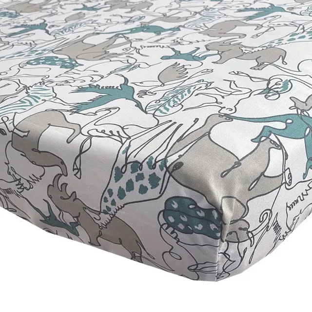 BINK Bedding Hoeslaken Safari 1 persoonsbed 90 x 200 cm - dierenprint - lijntekening - grijs - groen - wit - zwart - olifant - tijger - leeuw - panter - aap - zebra - neushoorn - kangaroo - flamingo - jungle groen, grijs, zwart, wit