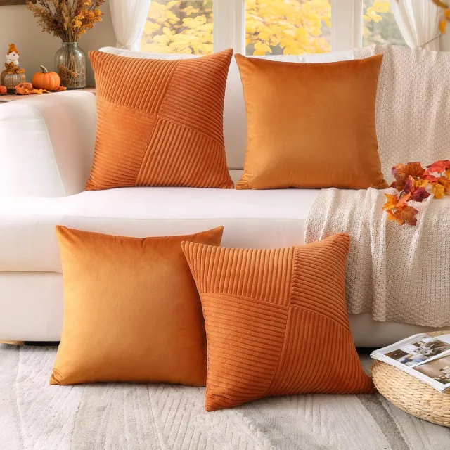 Unyqoos Set van 4 decoratieve corduroy kussenslopen met verborgen ritssluiting Oranje