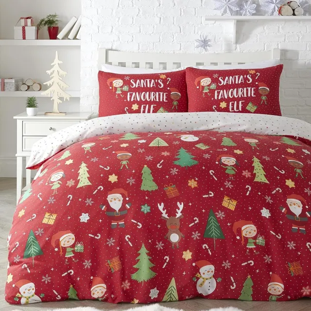 Famanu Dekbedovertrekset met Kerstman en elfjes, polykatoen, veelkleurig Neutraal