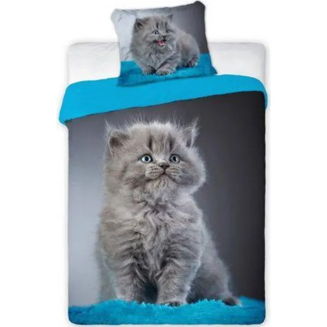 Faro Poes - kat - dekbedovertrek - met 1 kussensloop - Britse korthaar - 100% katoen Blauw