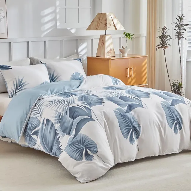 Famanu Dekbedovertrek set van 1 stuk in aquarel palmbladmotief, 220 x 240 cm, inclusief 2 kussenslopen van 65 x 65 cm, van microfiber met rits