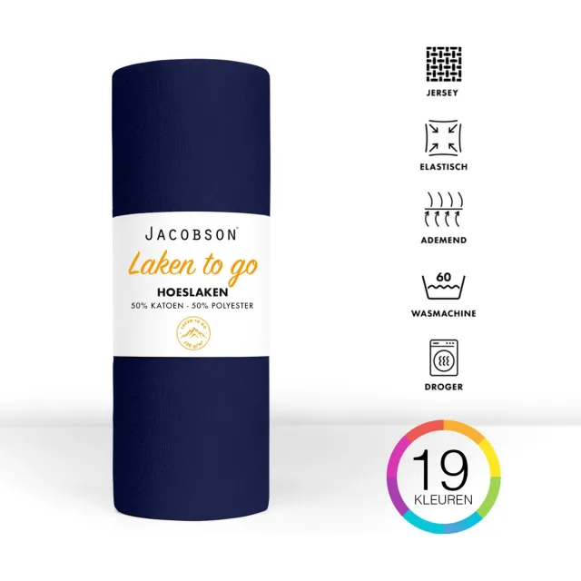 JACOBSON Hoeslaken - 160x200cm - Jersey Katoen - tot 23cm matrasdikte -Donkerblauw