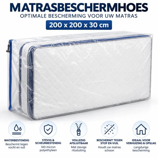 Dutchers Beschermende Plastic Matras Bekleding matraszak 200 x 200 x 30 cm met ritssuliting, ondoorzichtig, extra scheurvast 120µ voor matrastransport, verhuizen, opbergen, opslag, vervoer, Opbergzak transparant