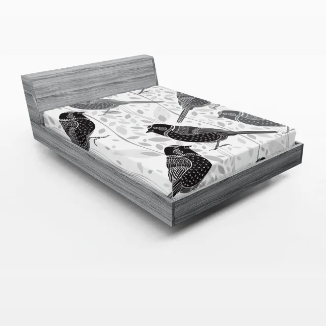 ABAKUHAUS Grijs hoeslaken, Vogels en Bloemen Patroon, Zachte Decoratieve stof met Elastische Band, 140 x 200 cm, Grijs, Wit, Zwart