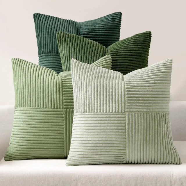 Famanu Corduroy ribfluweel sofakussenhoezen set van 4 (50x50 cm) – moderne zachte sierkussenhoezen – groene serie