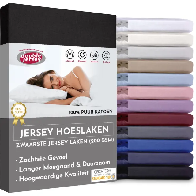 Double Jersey Hoeslaken - Hoeslaken 200x200+30 cm - 100% Katoen Zwart