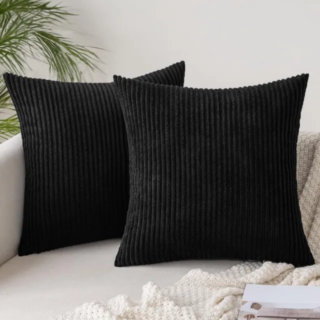 Famanu Set van 2 stuks corduroy kussenslopen ribfluweel zacht 45 x 45 cm zwart