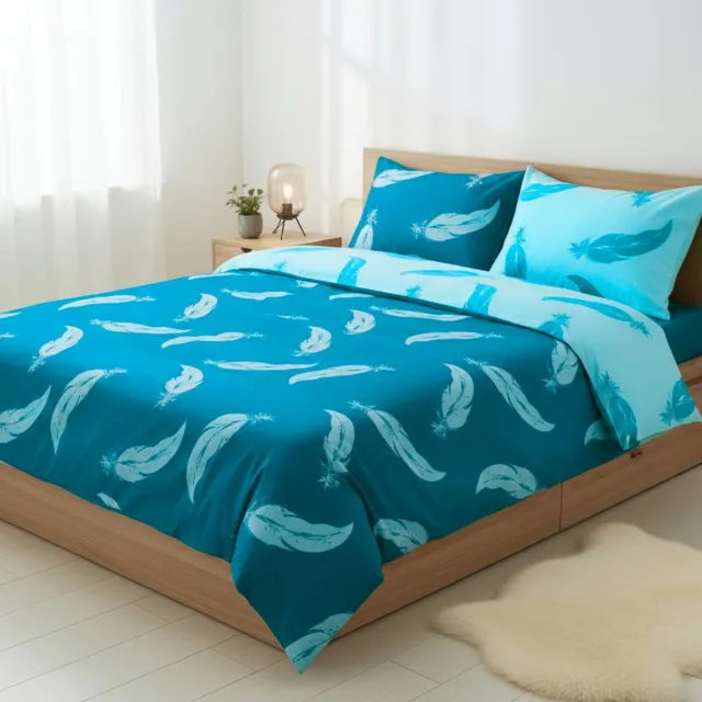 SENZATIONE 100% Katoen Percaline Dekbedovertrek 200x200/220-2x60x70 cm FEATHERS BLAUW MULTI