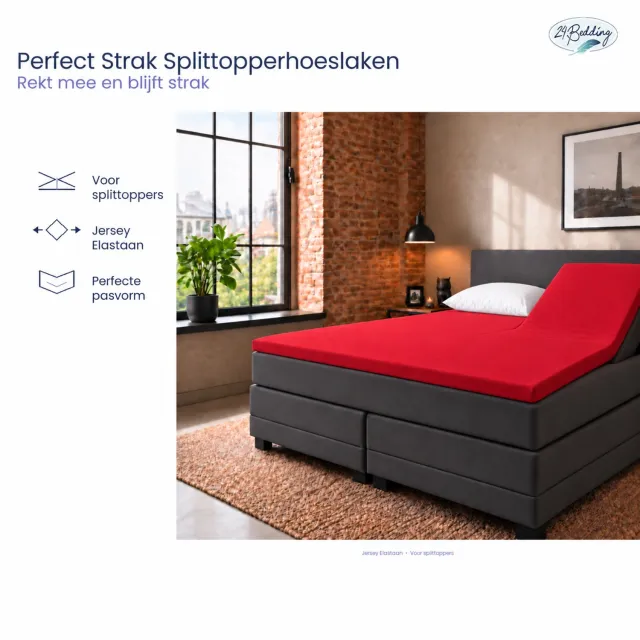 24-Bedding Jersey Splittopper Hoeslaken - Extra zacht - 97% katoen - 3% Elastaan - 160X200 cm - Rood - 5 t/m 15 cm hoogte.
