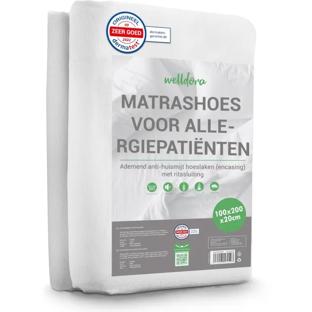 Welldora Premium Anti-Allergie Matrashoes 100x200x20 cm met Rits | Getest Encasing Tegen Huisstofmijt | Oeko-Tex Gecertificeerd | Matras Hoes Wasbaar tot 95°C | Voor Allergieën en gevoelige Huid | Anti-Mijt Beddengoed voor Matrasbescherming Wit