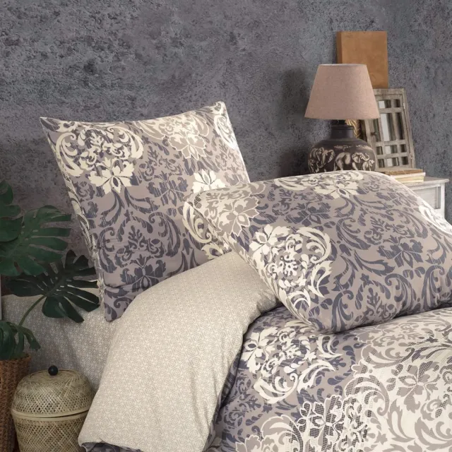 RECA HOME Beddengoed van 100% renforcé katoen, 1x dekbedovertrek 135 x 200 cm + 1x kussensloop x 80 x 80 cm, met ritssluiting, damask patroon in grijs, taupe en bruin beige