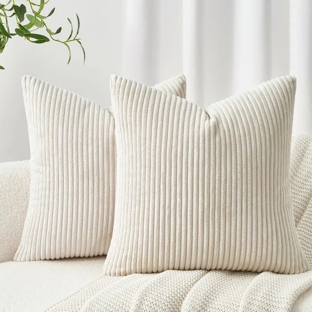 Famanu Kussenhoes set van 2 stuks, 30 x 30 cm, grijs corduroy met gestreept patroon, stijlvolle en decoratieve kussenhoezen voor bank en woonkamer, onderhoudsvriendelijk en machinewasbaar