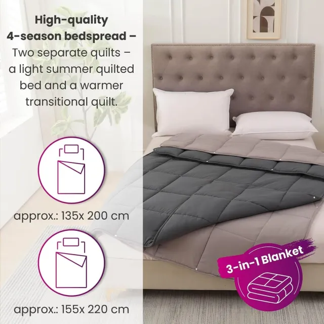 Vellaro Dekbed zonder overtrek - Grijs - 155 x 220 cm - Microvezel 3-in-1 Omkeerbaar Winter- en Zomerdekbed - Voor Alle Seizoenen
