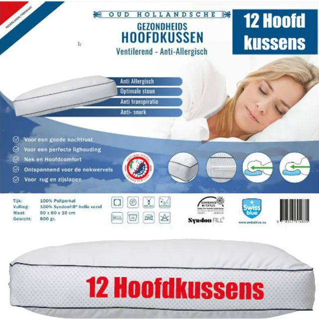 Swissblue 12 x Airco hoofdkussen- ventilerend-hoofdkussen- swissblue hoofdkussen-hotel kussens- hostel kussens- B&B hoofdkussens- voor nekklachten-rugklachten-geschikt voor buikslaper-zijslaper-rugslaper-ademend-verkoelend-luxe hoofdkussen-maat:50-60-10 wit
