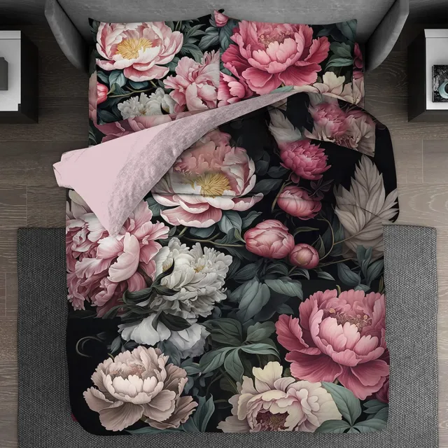 BED GLOW & APPAREL Dubbele persoons Dekbedovertrekset 200 x 200 cm en 2 kussensloops 60x70 cm - 100% katoen - Roos Patroon - Vastgemaakt met een praktische ritssluiting rood, roze, zwart