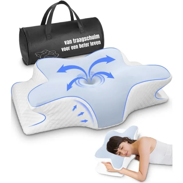 RUX® Hoofdkussen Nekklachten - Ergonomisch Hoofdkussen - Hoofdkussen - Neksteun - Traagschuim - Blauw - 62 cm x 41 cm x 13 cm